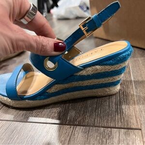 Turquoise aqua espadrille wedge sandals with stripes